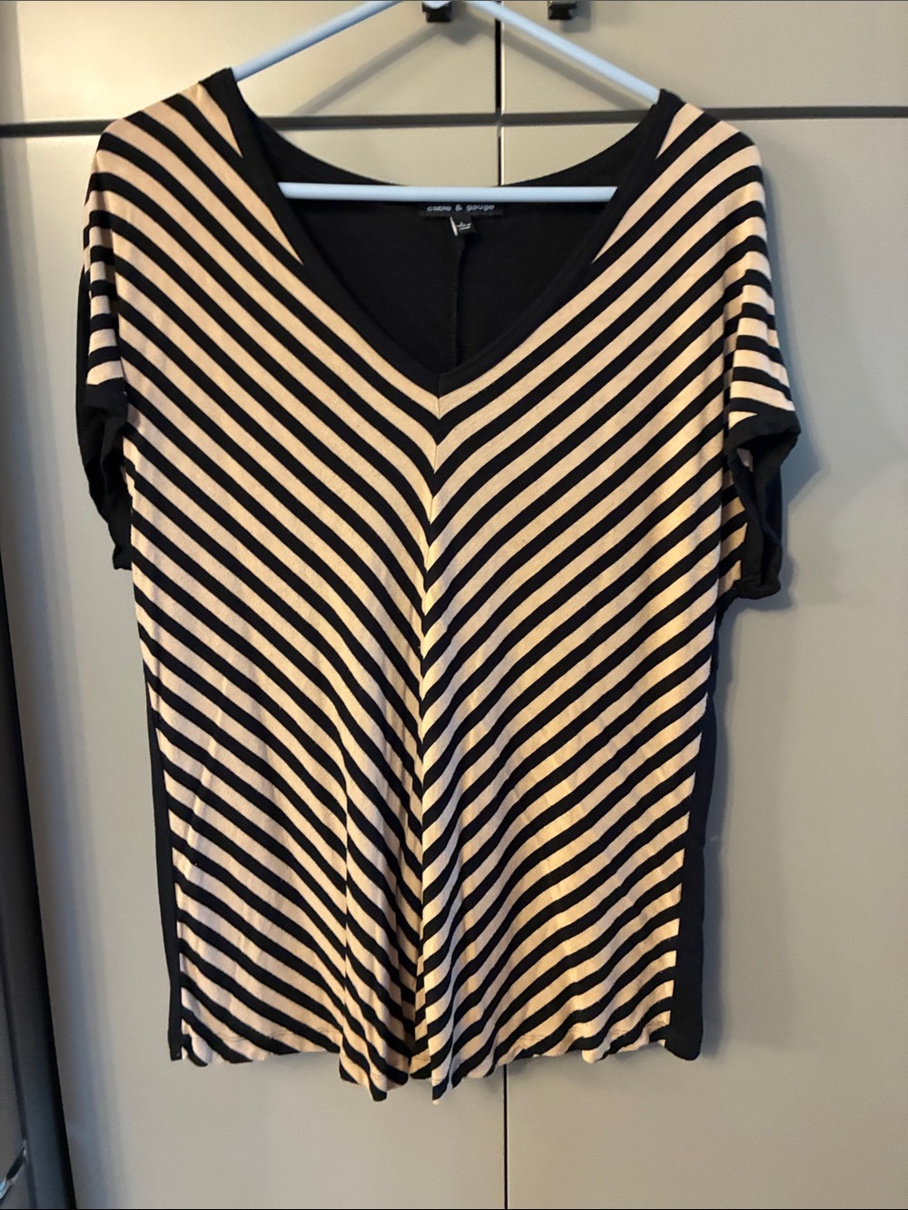 George Black and Beige Striped V-Neck Short Sleeve Tee